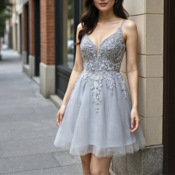 New! Gray Tulle Mesh & Satin A-Line Cocktail Dress - Picture 1 of 5